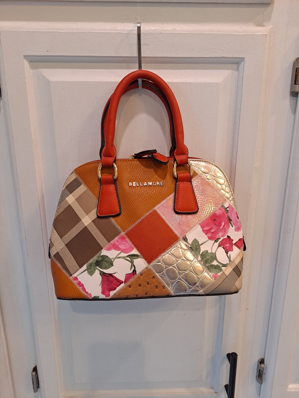Bellamore Red Pebbled Vegan Patchwork Floral Plaid Animal Metallic Dome Satchel